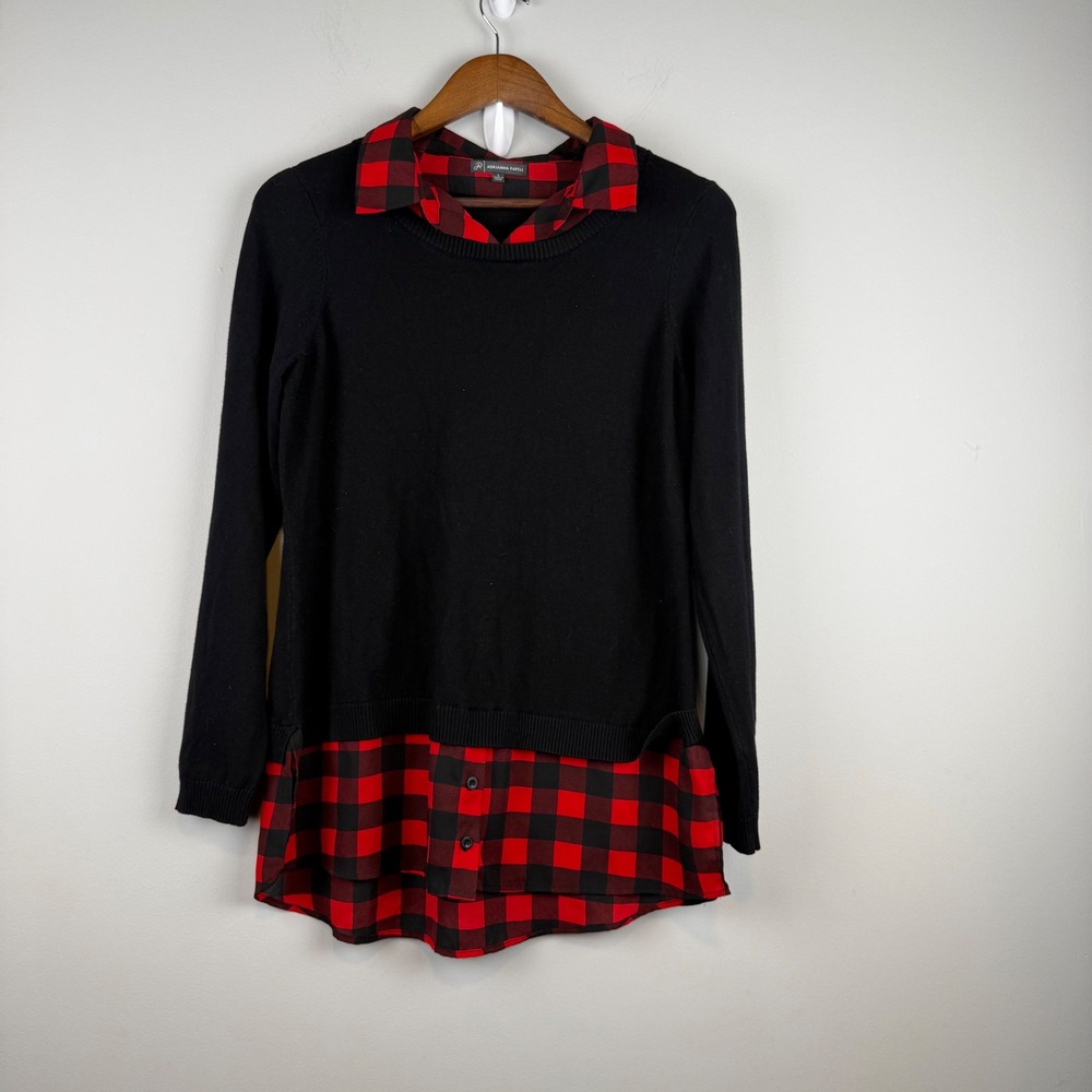 Buffalo Plaid Layered Look Sweater Top Size L Black Red Preppy Dark Academia